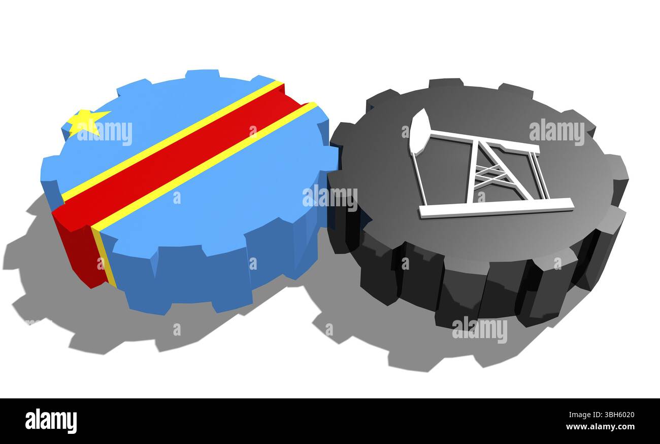 Connexion des roues motrices. Icône de pompe à huile et drapeau Congo sur les engrenages. Concept d'industrie lourde et minière. Rendu 3D. Banque D'Images