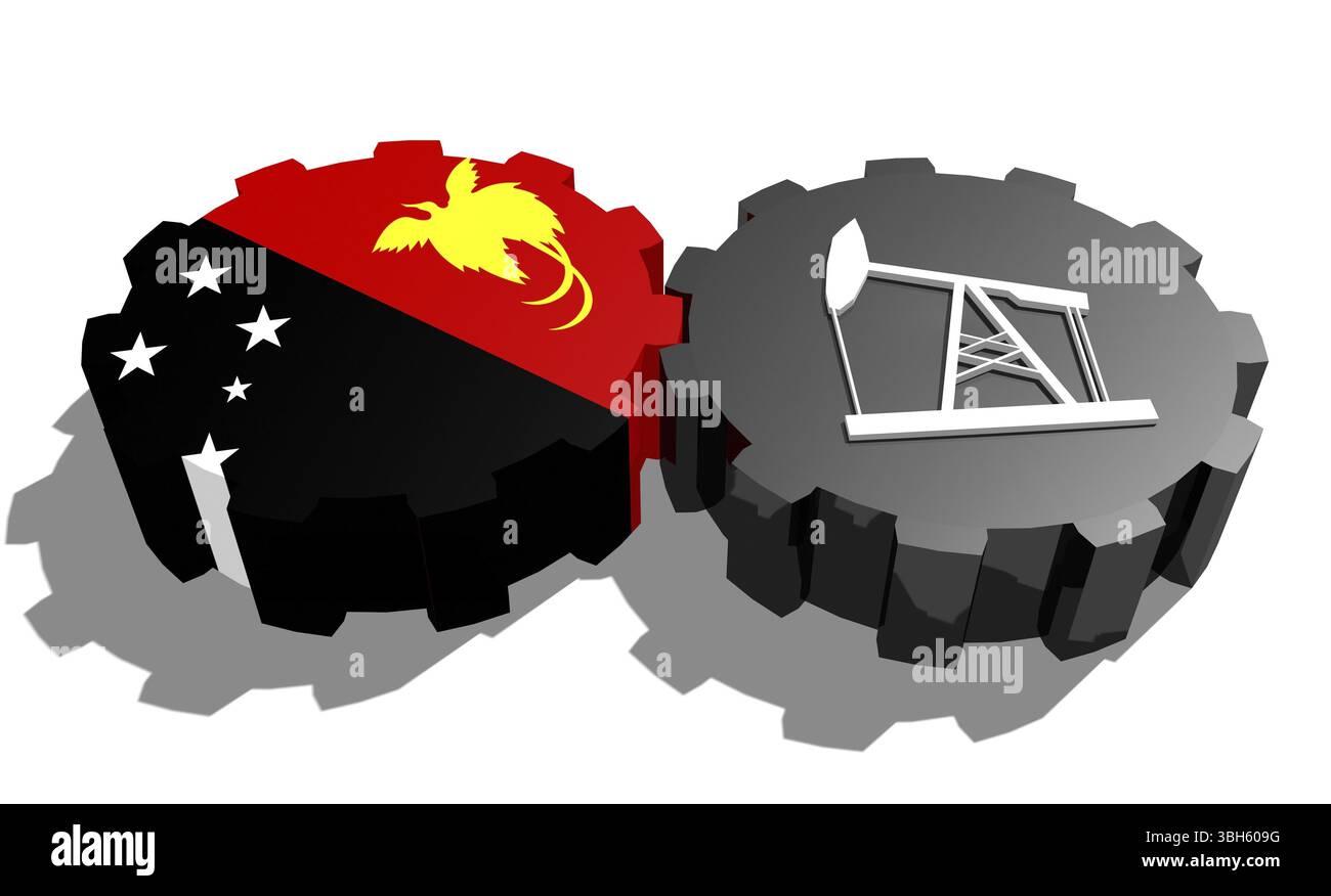 Connexion des roues motrices. Icône de pompe à huile et drapeau de papouasie-nouvelle-guinée sur les engrenages. Concept d'industrie lourde et minière. Rendu 3D. Banque D'Images