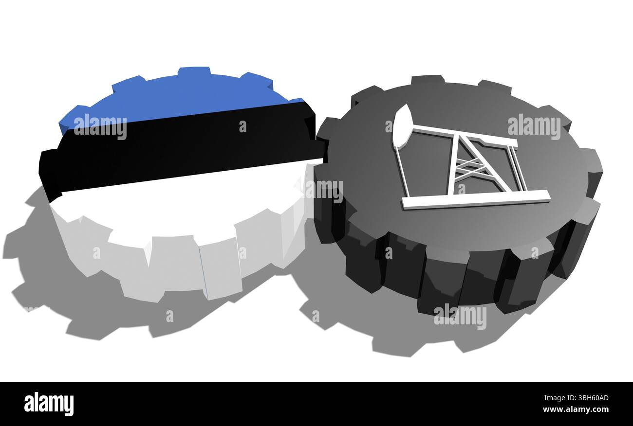 Connexion des roues motrices. Icône de pompe à huile et drapeau Estonie sur les engrenages. Concept d'industrie lourde et minière. Rendu 3D. Banque D'Images