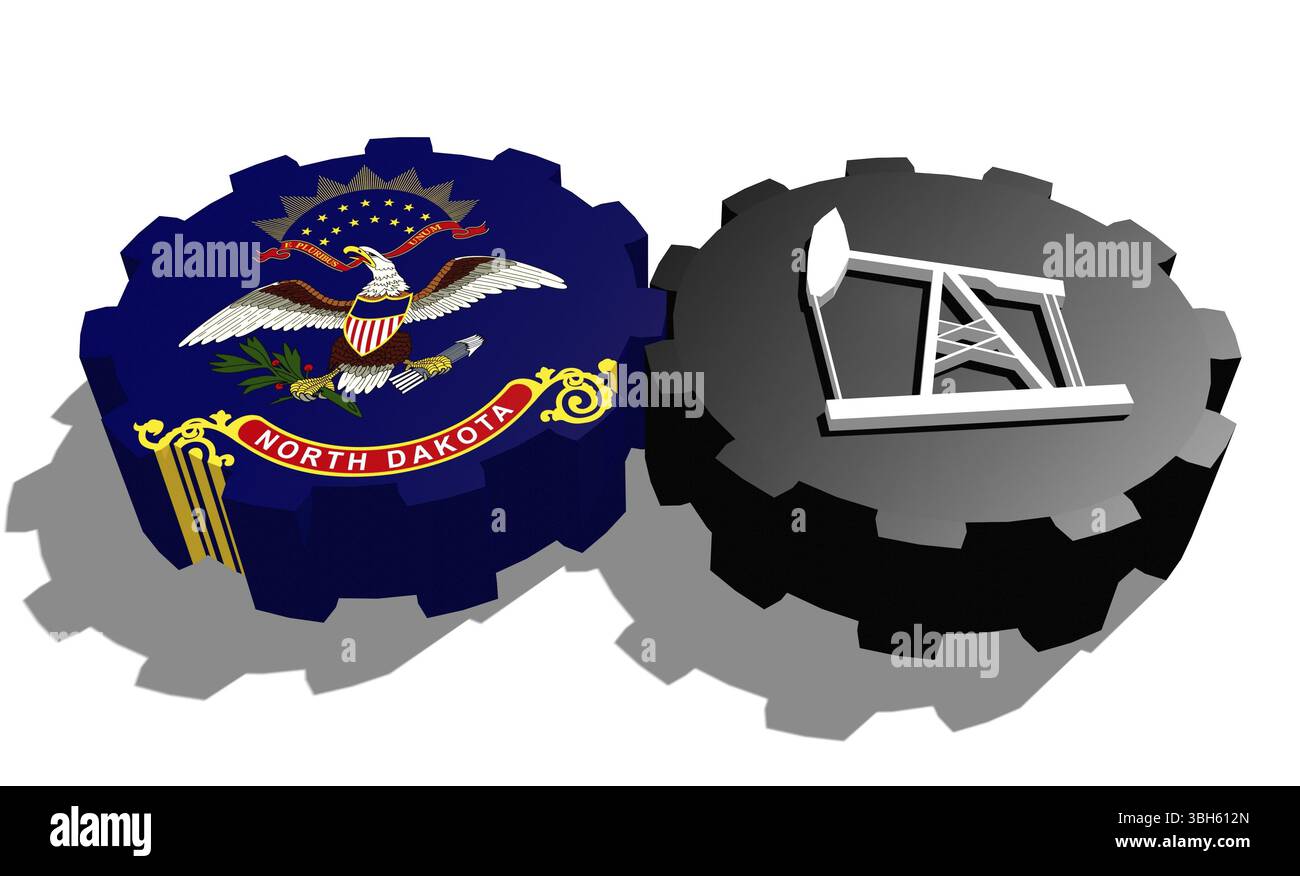 Roue COG avec pompe à huile texturée par le drapeau du Dakota du Nord. Concept d'industrie lourde et minière. Rendu 3D. Banque D'Images