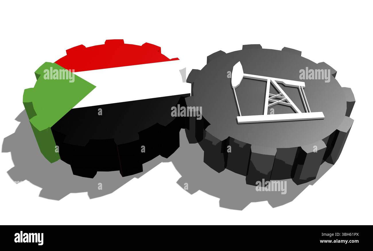Connexion des roues motrices. Icône de pompe à huile et drapeau Soudan sur les engrenages. Concept d'industrie lourde et minière. Rendu 3D. Banque D'Images