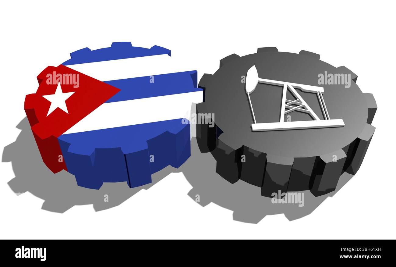 Connexion des roues motrices. Icône de pompe à huile et drapeau Cuba sur les engrenages. Concept d'industrie lourde et minière. Rendu 3D. Banque D'Images