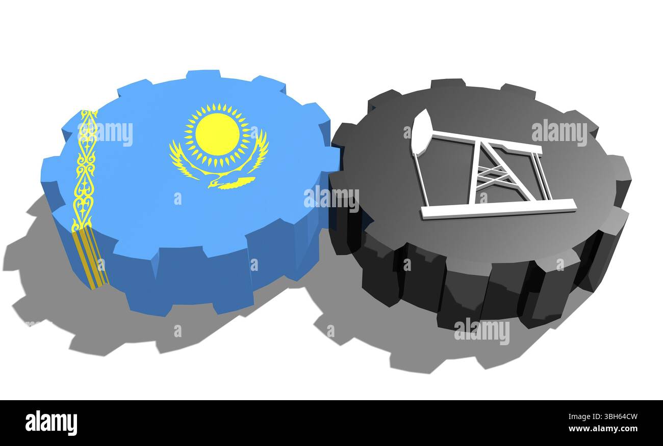 Connexion des roues motrices. Icône de pompe à huile et drapeau Kazakhstan sur les engrenages. Concept d'industrie lourde et minière. Rendu 3D. Banque D'Images
