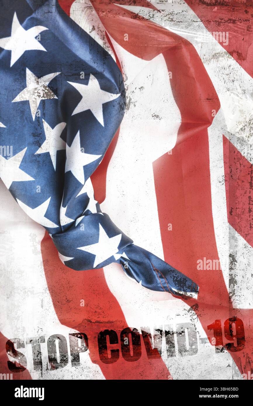Drapeau américain avec noeud et message Stop COVID-19. Épidémie et confinement. Concept d'arrêt des activités en raison d'une urgence médicale à coronavirus Banque D'Images
