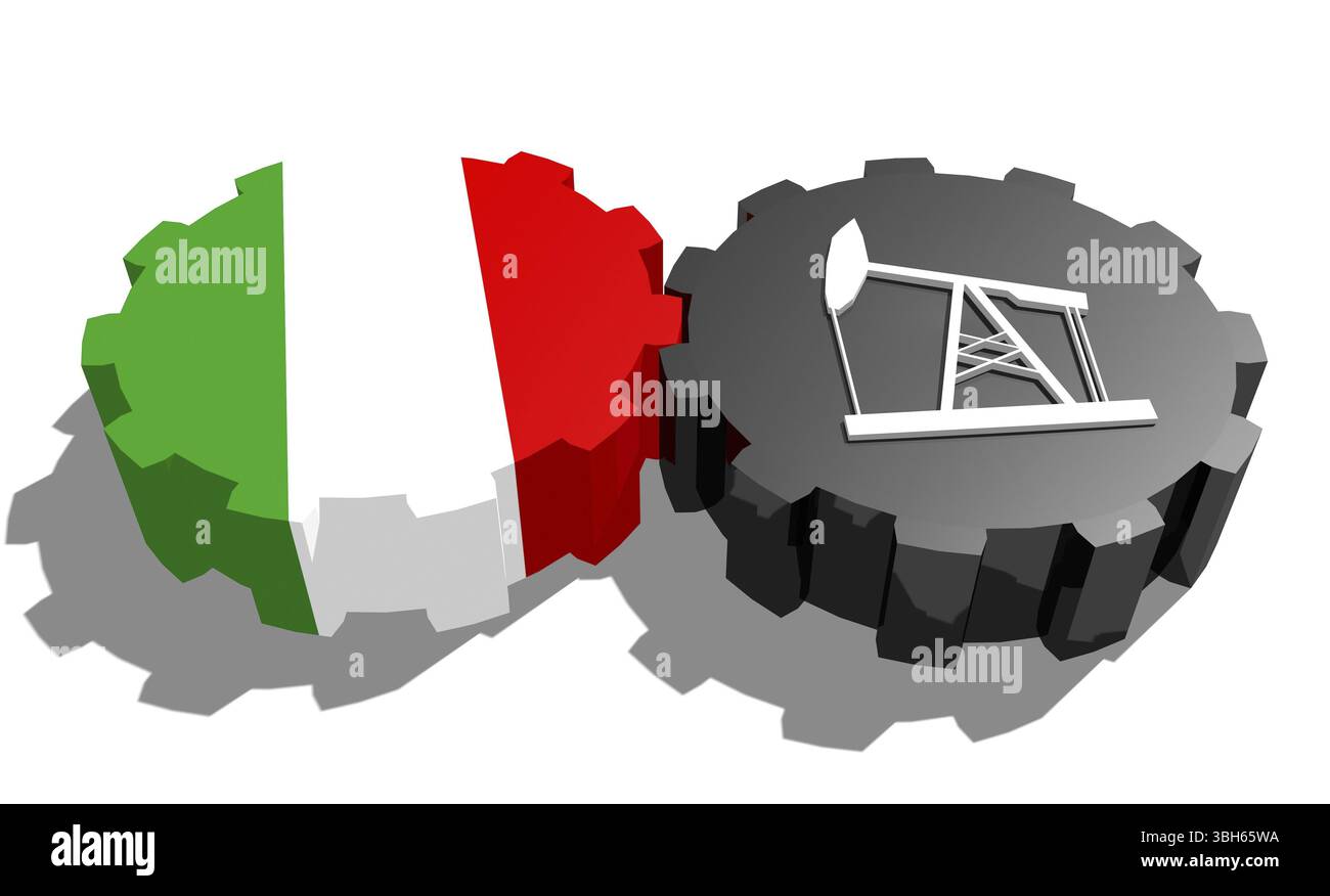 Connexion des roues motrices. Icône de pompe à huile et drapeau italien sur les engrenages. Concept d'industrie lourde et minière. Rendu 3D. Banque D'Images