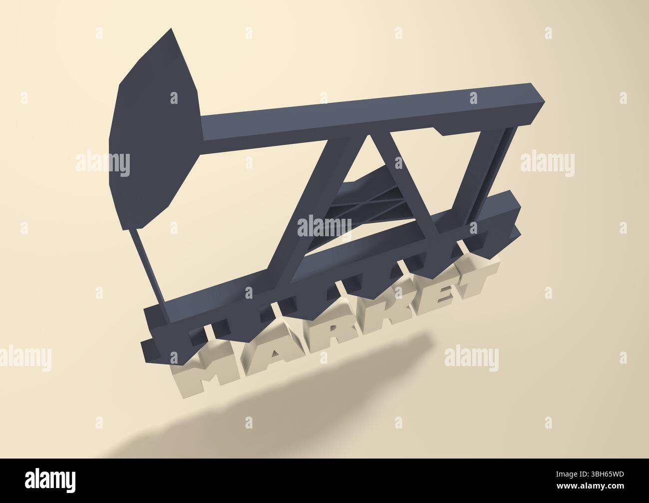 Pompe à huile avec flèches. Marché sous pression. Texte sous l'icône simple de pompe à huile 3D. Situation économique mondiale Banque D'Images