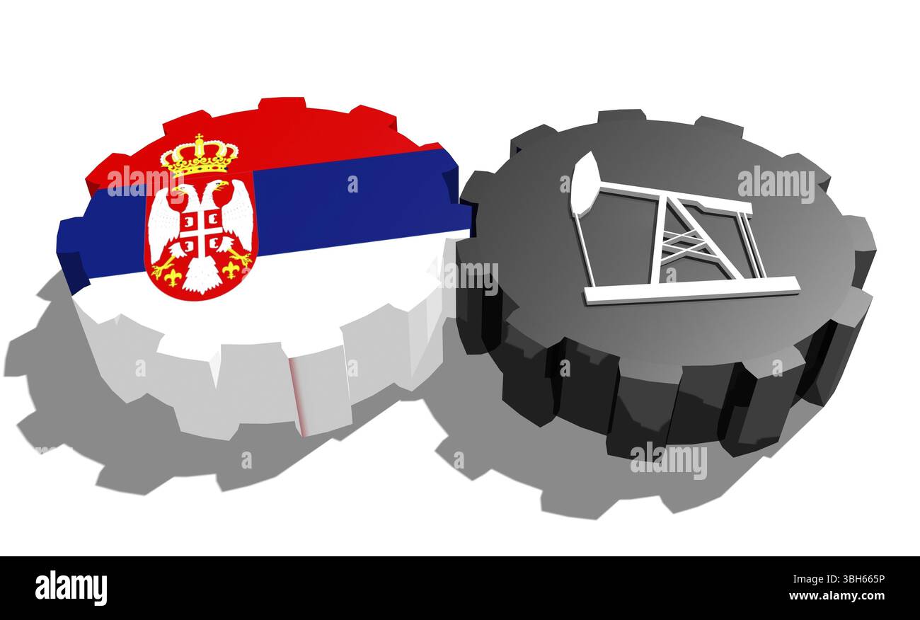 Connexion des roues motrices. Icône de pompe à huile et drapeau Serbie sur les engrenages. Concept d'industrie lourde et minière. Rendu 3D. Banque D'Images