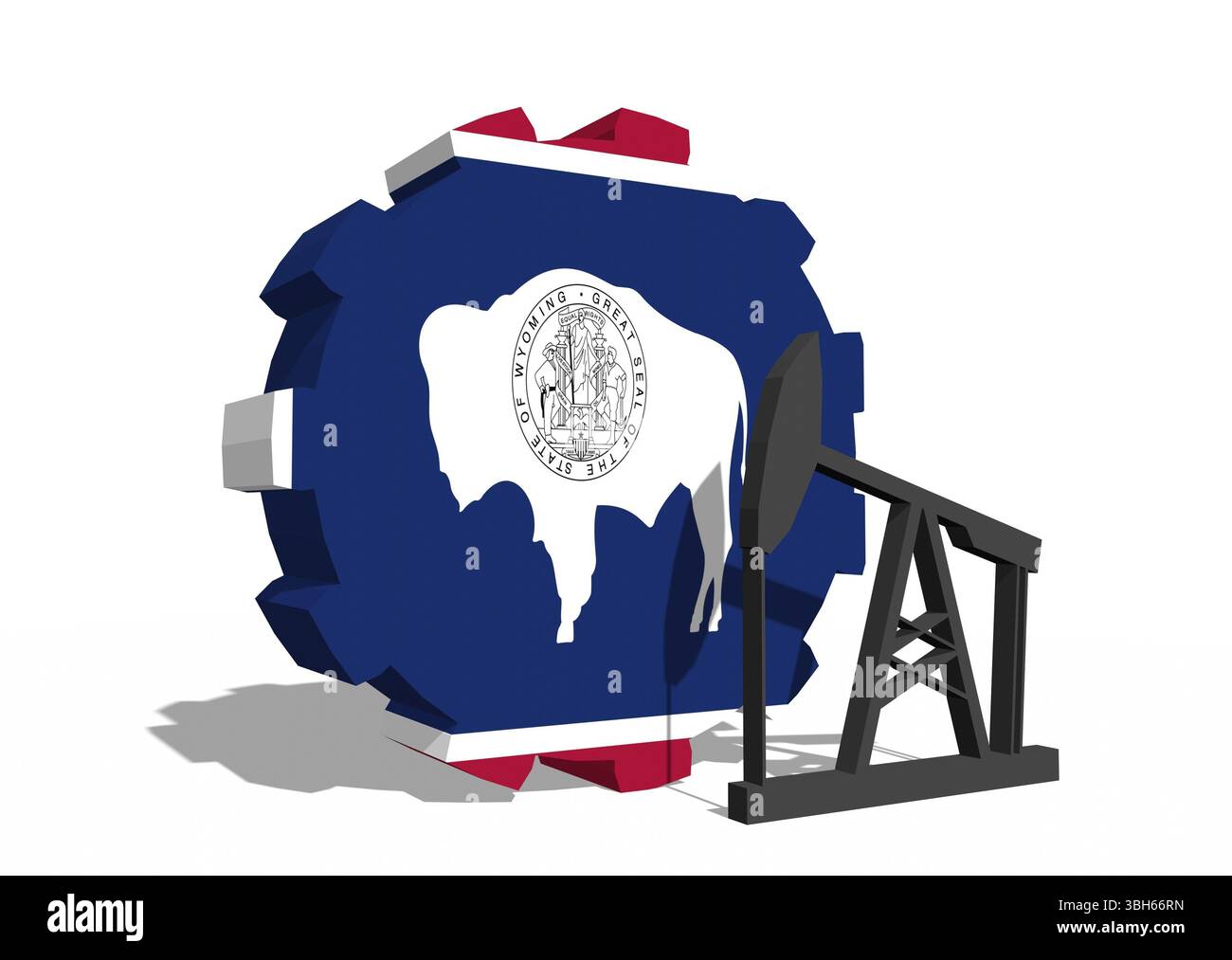 Roue COG avec pompe à huile texturée par le drapeau Wyoming. Concept d'industrie lourde et minière. Rendu 3D. Banque D'Images