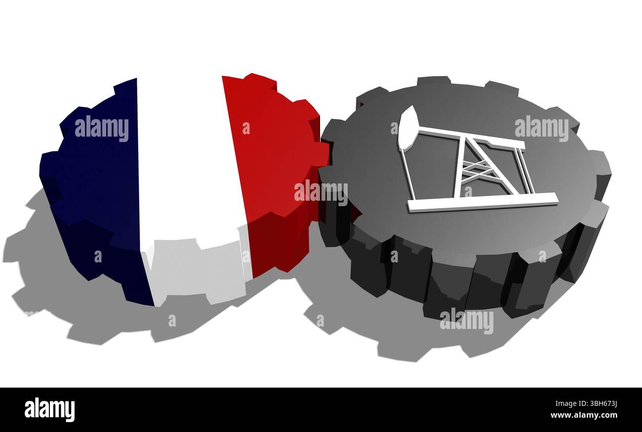 Connexion des roues motrices. Icône de pompe à huile et drapeau France sur les engrenages. Concept d'industrie lourde et minière. Rendu 3D. Banque D'Images