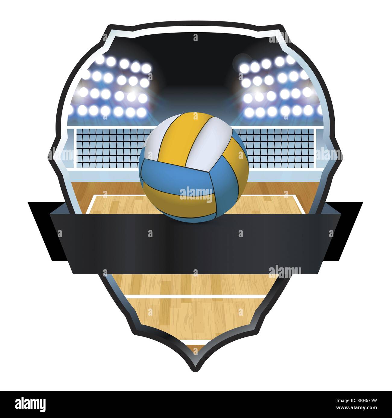 Illustration d'un badge et emblème de volley-ball, de terrain et de filet. Vector EPS 10 disponible. Le fichier EPS contient des transparences et un maillage dégradé Banque D'Images