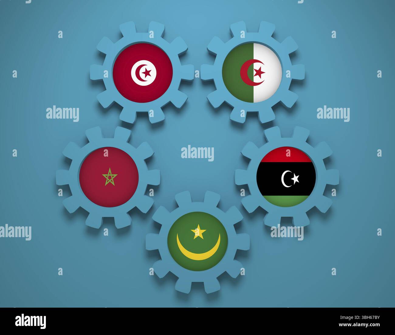 Union du Maghreb arabe - association de cinq membres de l'économie nationale les drapeaux sur le pignon. Un accord commercial l'unité entre les pays arabes du Maghreb dans Nort Banque D'Images
