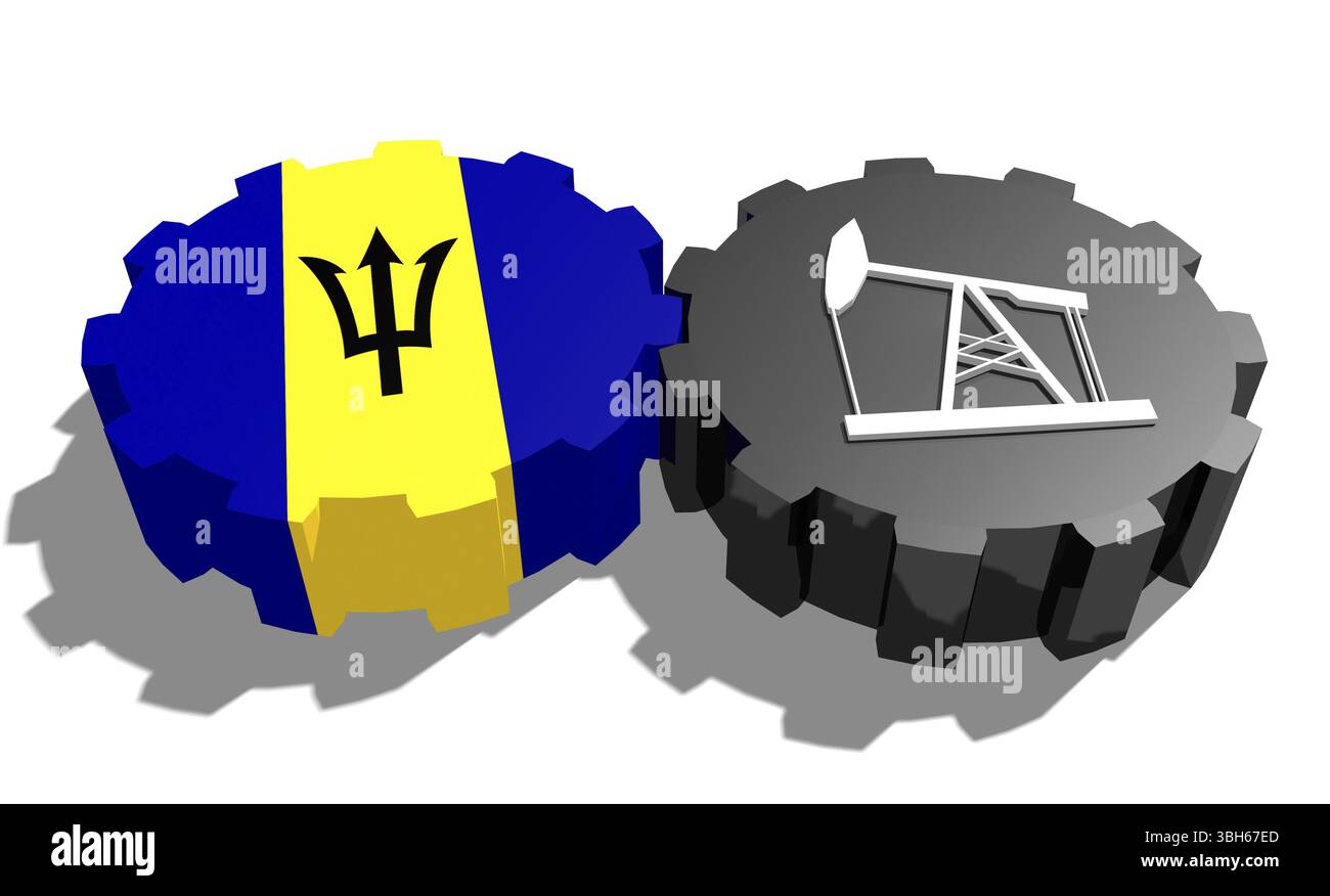 Connexion des roues motrices. Icône de pompe à huile et drapeau de la Barbade sur les engrenages. Concept d'industrie lourde et minière. Rendu 3D. Banque D'Images