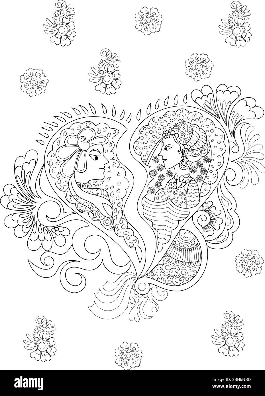 Dessin au trait noir et blanc détaillé avec une représentation stylisée d'un couple intégré dans un motif décoratif de henné ou de mehndi, entouré de Illustration de Vecteur