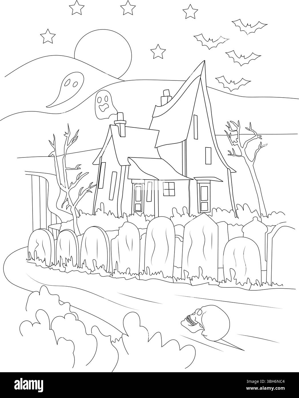Effrayante illustration d'art au trait noir et blanc représentant une maison hantée à côté d'un cimetière. La scène comprend des pierres tombales, des chauves-souris volantes, des fantômes, un skul Illustration de Vecteur