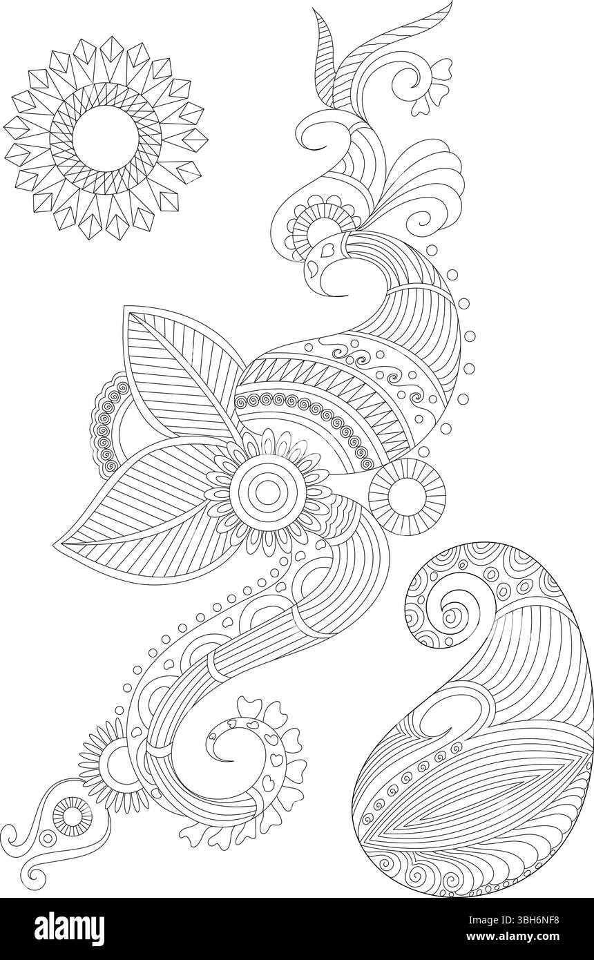 Illustration vectorisée d'art au trait mettant en vedette divers éléments abstraits inspirés des motifs traditionnels Henna ou Mehndi. Comprend des motifs floraux, cachemire Illustration de Vecteur