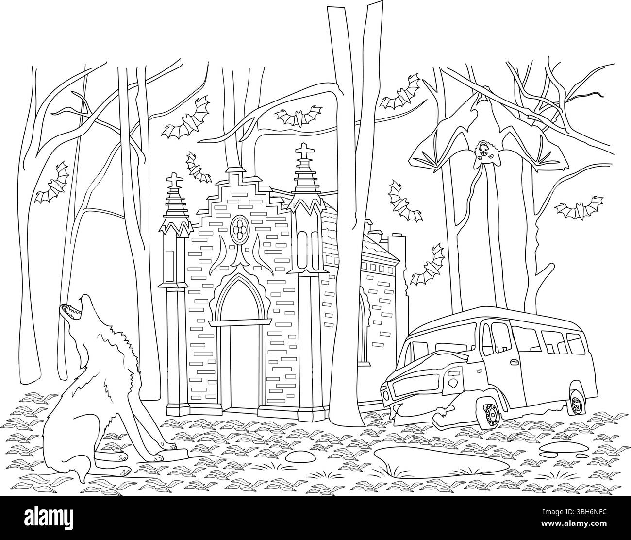 Une illustration de contour noir et blanc effrayante parfaite pour la coloration. La scène représente une forêt hantée avec un mystérieux bâtiment ressemblant à une église, chauves-souris fl Illustration de Vecteur