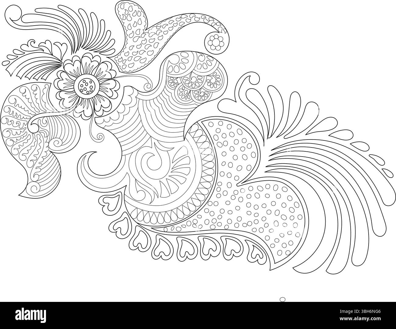 Dessin d'art au trait noir et blanc complexe d'un motif traditionnel indien de henné ou de mehndi. Comprend des éléments floraux, des formes cachemire, des tourbillons et de l'orna Illustration de Vecteur