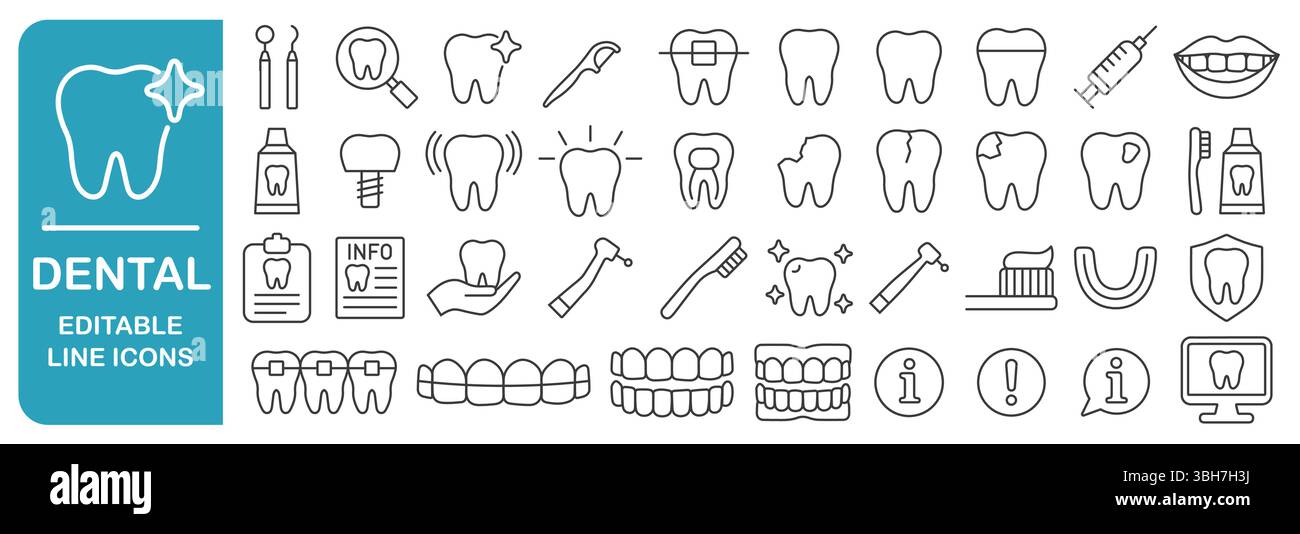 Jeu d'icônes de ligne modifiables pour soins dentaires. Dentiste, collection de signes de logo de santé bucco-dentaire. Icône dent, dents, caries, implant, prothèses dentaires. Illustration vectorielle im Illustration de Vecteur
