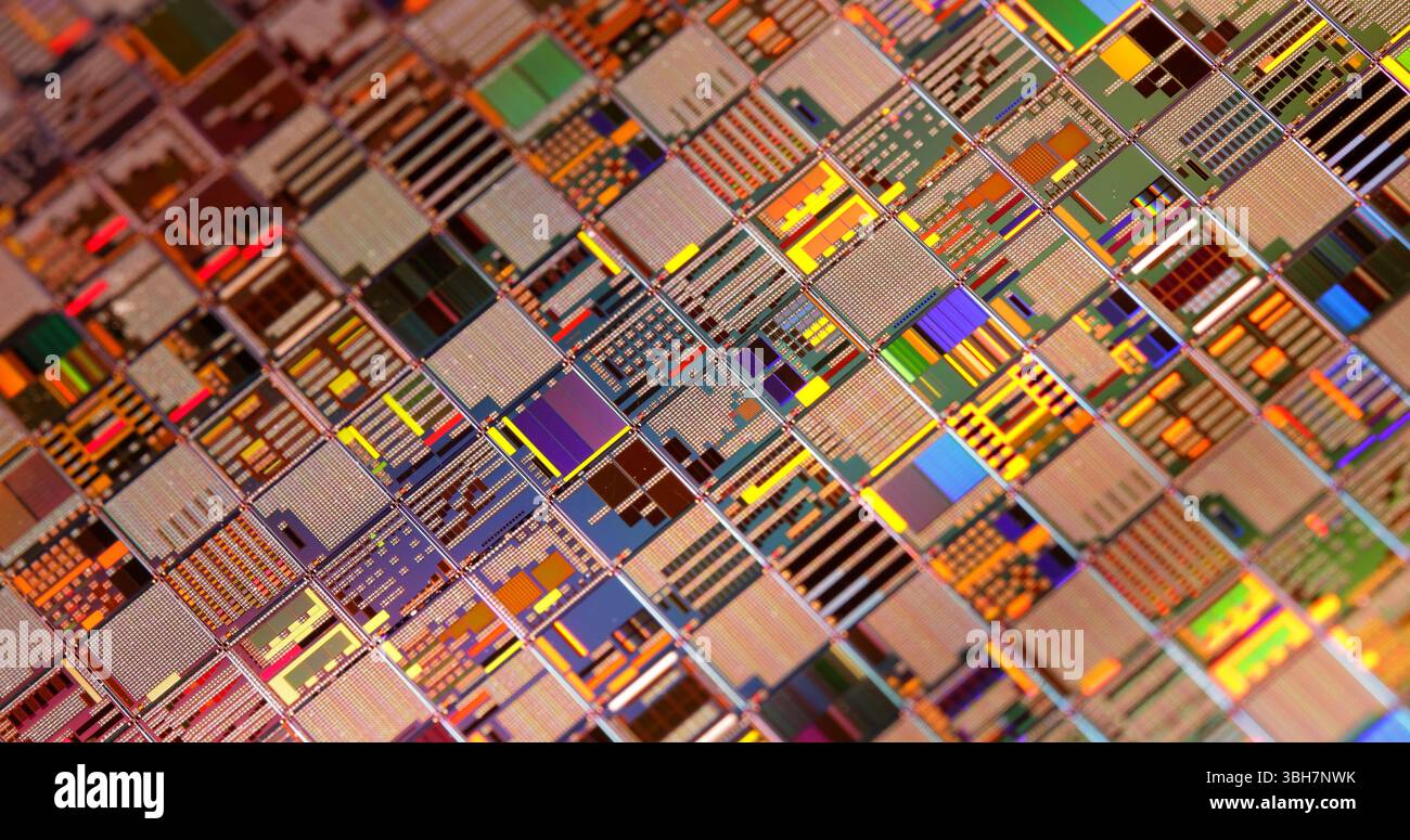 Gros plan d'une plaquette semi-conductrice en silicium. En électronique, une plaquette aussi appelée tranche ou substrat est une fine tranche de semi-conducteur, un silicium cristallin Banque D'Images