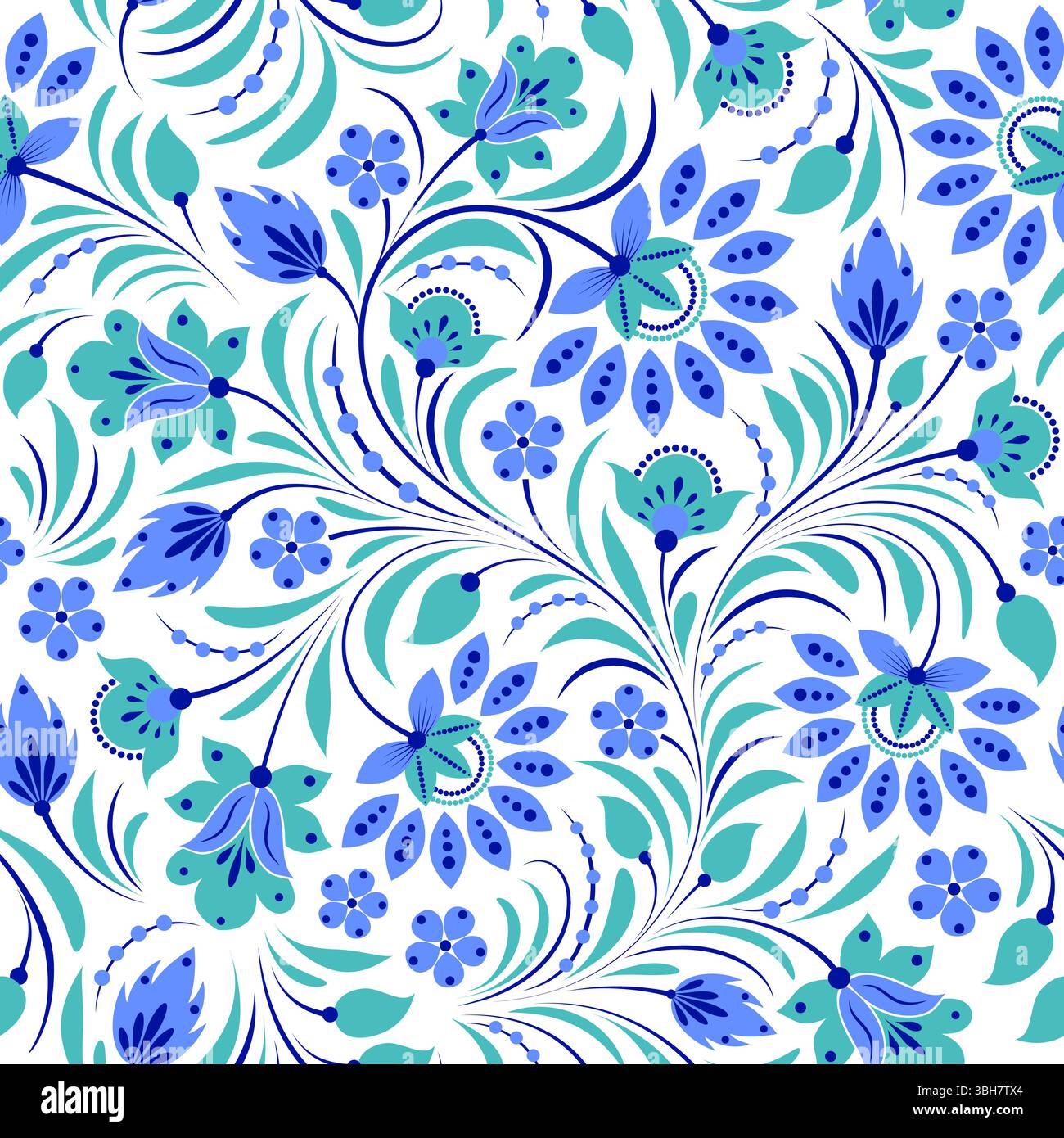 Motif sans couture de fleurs et de feuilles bleues et sarcelle stylisées Illustration de Vecteur