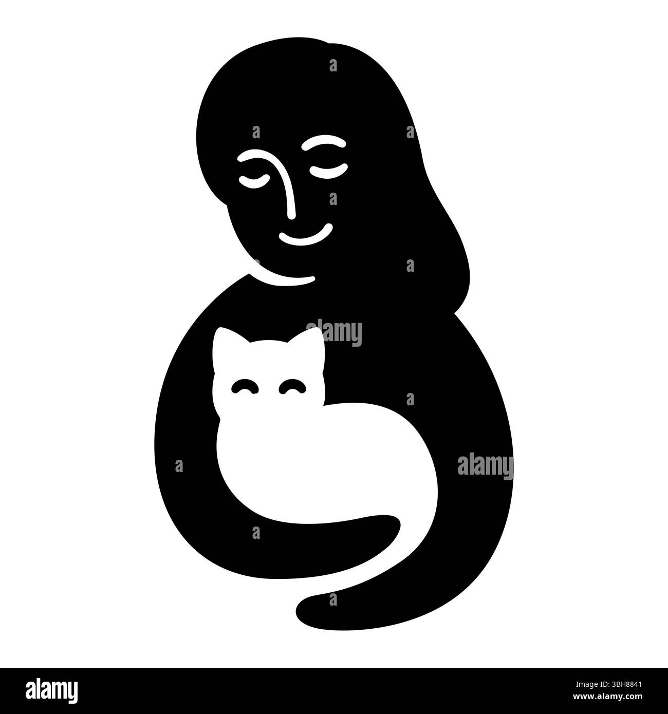 Illustration de la femme tenant chat, logo de silhouette simple et élégant. Vétérinaire, concept de soins pour animaux de compagnie. Design d'espace négatif noir et blanc. Illustration de Vecteur