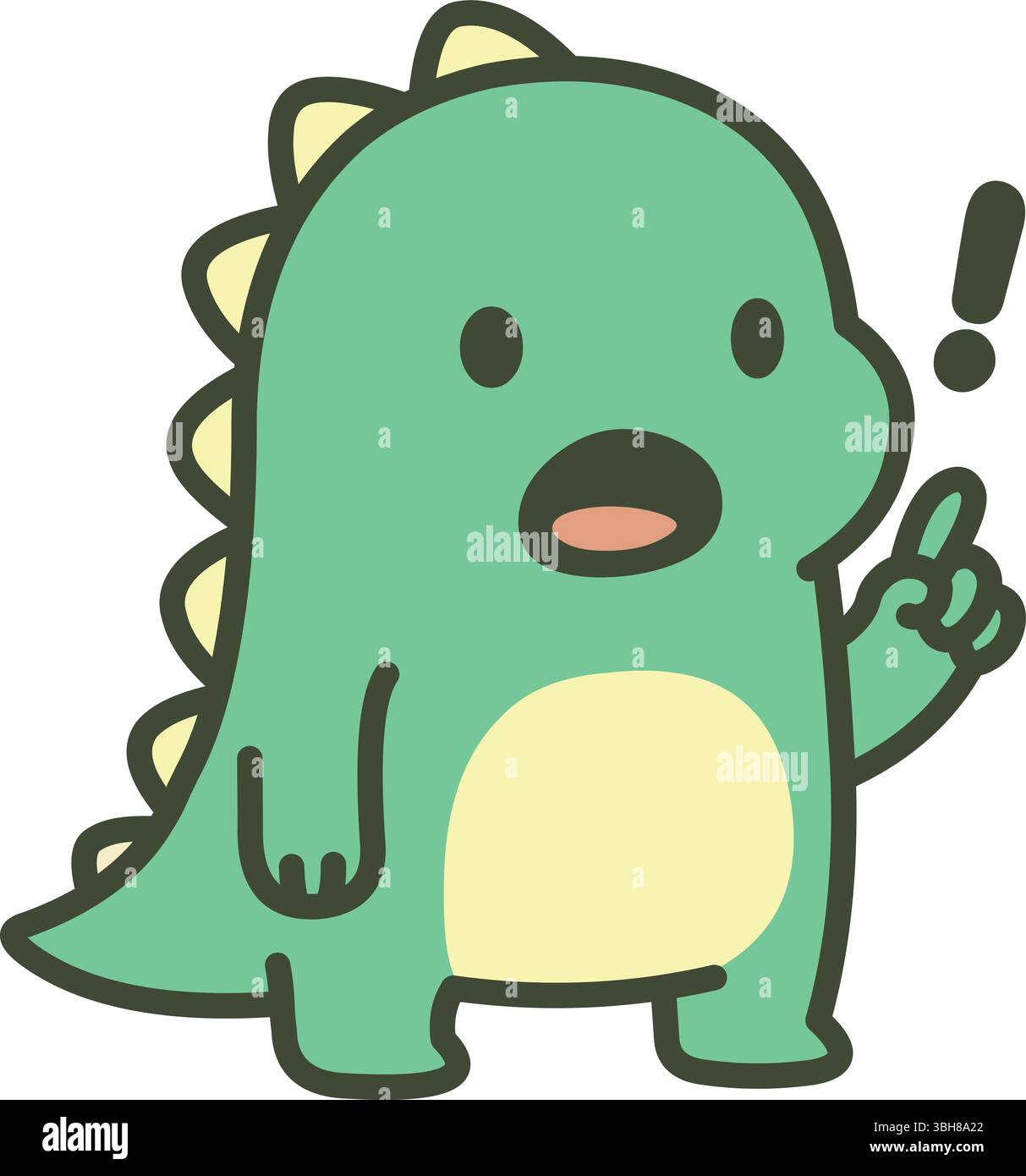 Mignon dinosaure vert pointant vers le haut avec un point d'exclamation, surpris ou ayant une idée Illustration de Vecteur
