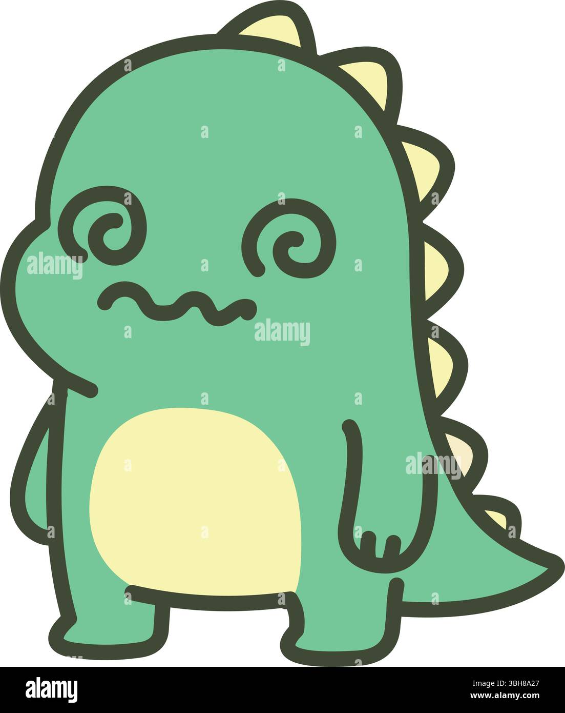 Dinosaure vert mignon confus et étourdi avec des yeux tourbillonnants et une bouche bancale Illustration de Vecteur