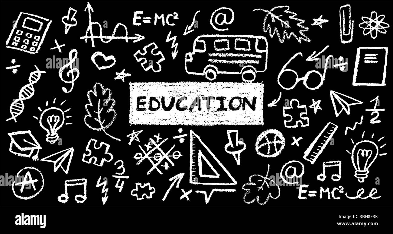 L'école de charbon de bois gribouille sur fond de tableau noir. Icônes amusantes dessinées à la main pour les thèmes de la rentrée scolaire. Mignon crayon de cire pastel blanc d'éducation enfantine Illustration de Vecteur