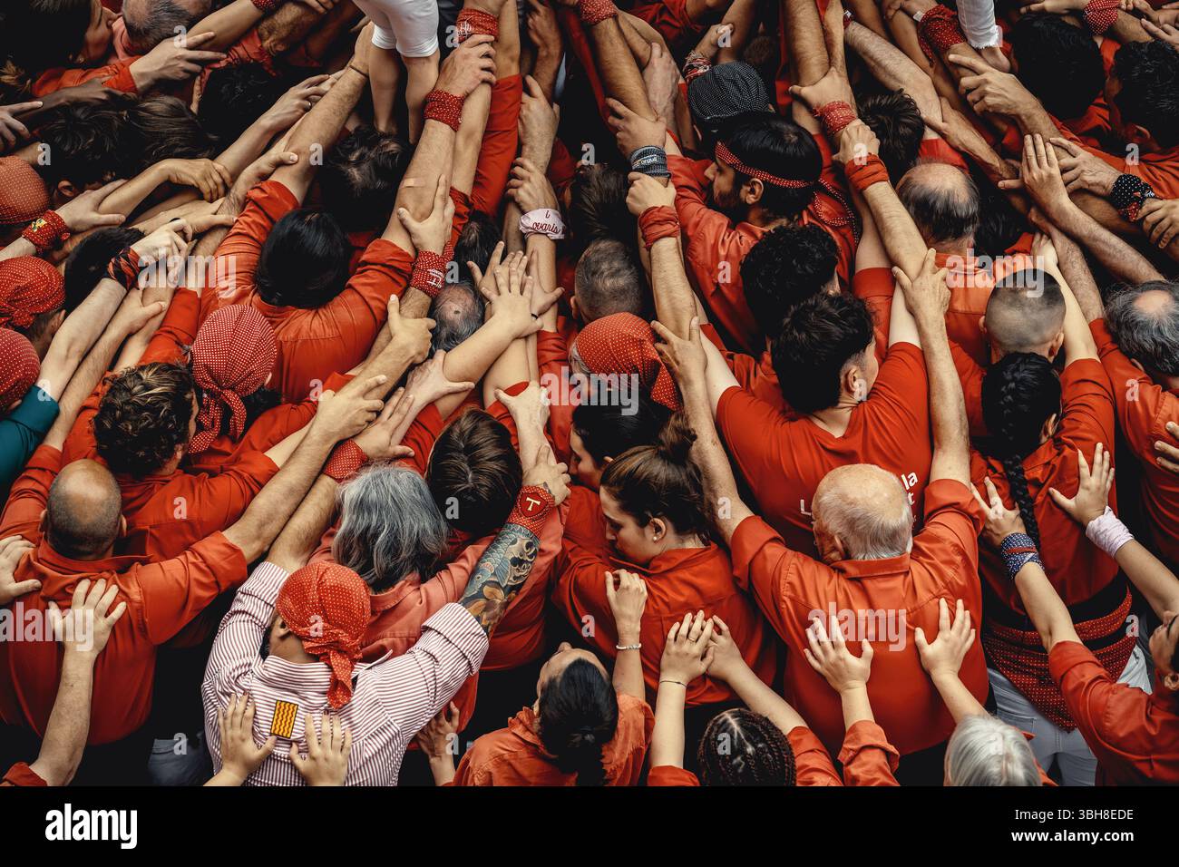 Barcelone, Espagne. 8 juin 2025. Les 'Castellers de Barcelona' construisent la base d'une tour humaine pendant la 'diada Castellera' pour leur 56e anniversaire crédit : Matthias Oesterle/Alamy Live News Banque D'Images