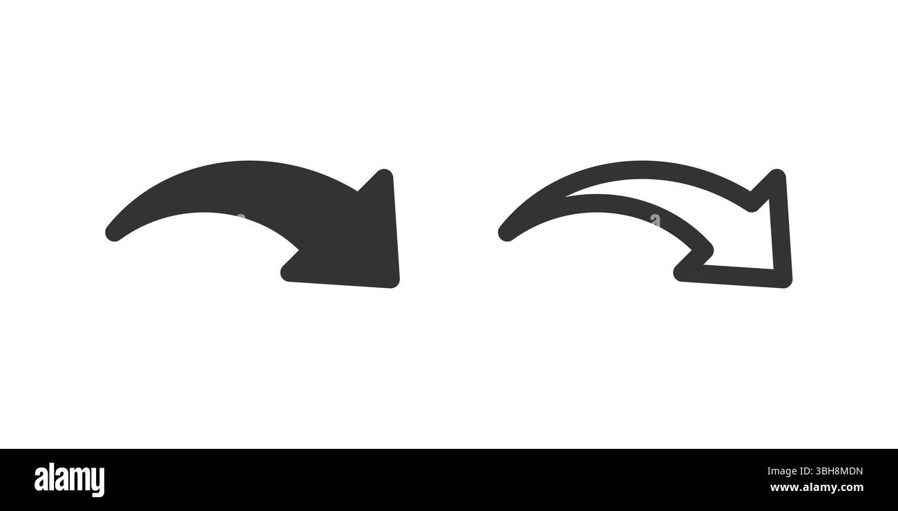 Icône de flèche vers le bas courbée vers la droite définie. Adapté au flux de données, aux prochaines étapes et aux tendances décroissantes. Symbole du flux de données, suivant et direction diagonale. Illustration de Vecteur