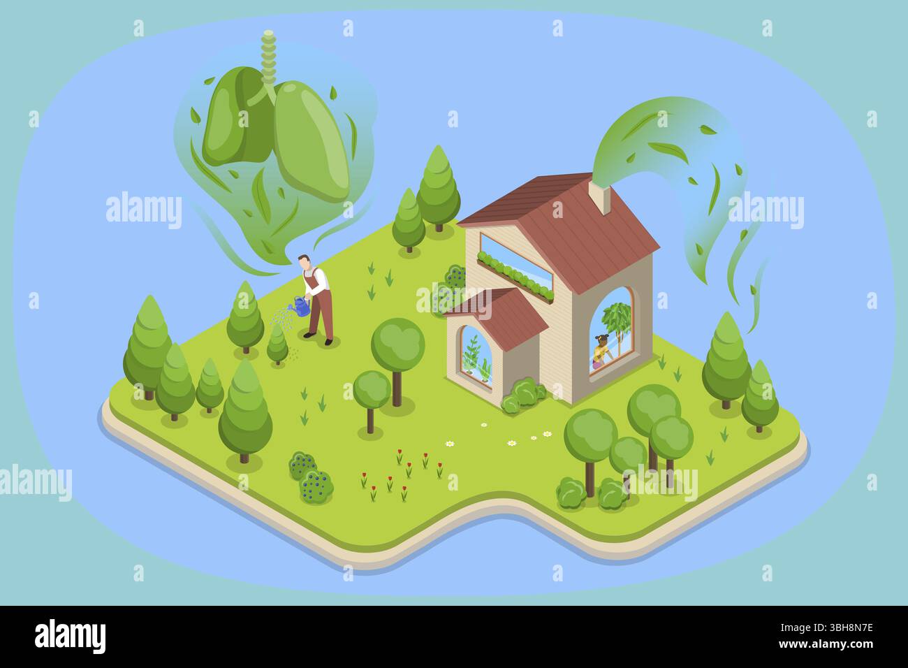 Illustration plate isométrique 3D de respiration propre, air frais pour la santé respiratoire Banque D'Images