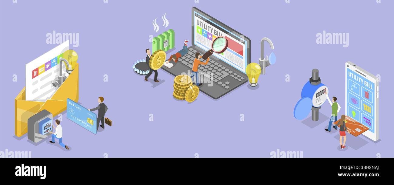 Illustration plate isométrique 3D du paiement des factures d'utilité publique, achats en ligne Banque D'Images