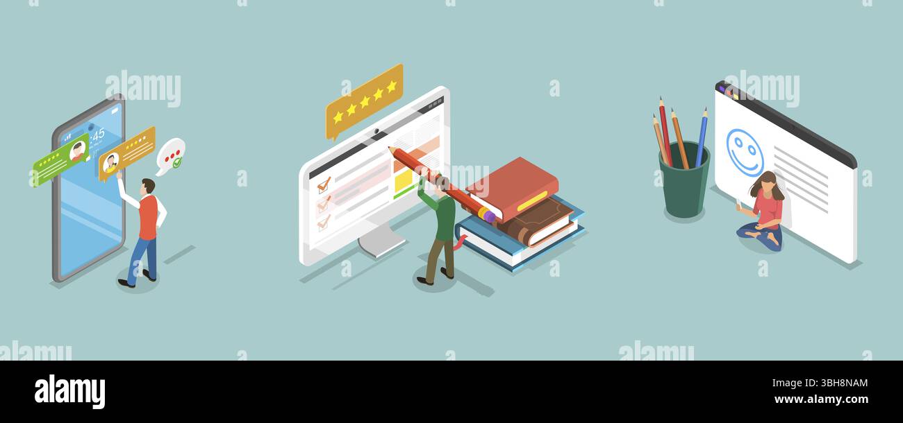 Illustration plate isométrique 3D de l'enquête en ligne, de l'expérience client et de la satisfaction Banque D'Images