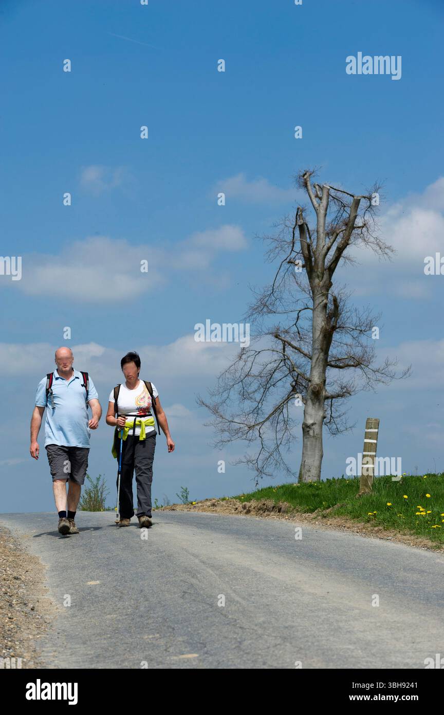 Groupes de promeneurs dans la campagne autour de celles, l'un des plus beaux villages de Wallonie. Promenade entre amis | groupes de marcheurs dans le co Banque D'Images
