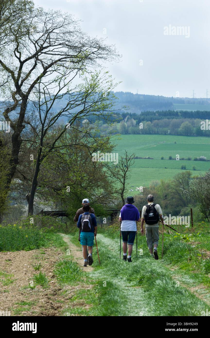 Groupes de promeneurs dans la campagne autour de celles, l'un des plus beaux villages de Wallonie. Promenade entre amis | groupes de marcheurs dans le co Banque D'Images