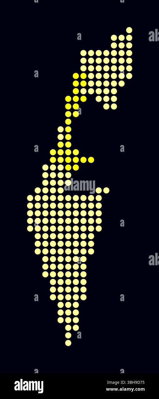 Carte en pointillés d'Israël. Carte de style numérique du pays sur un fond sombre. Forme israélienne avec des points circulaires. Style de points colorés. Cercles de grande taille. Illustration de Vecteur