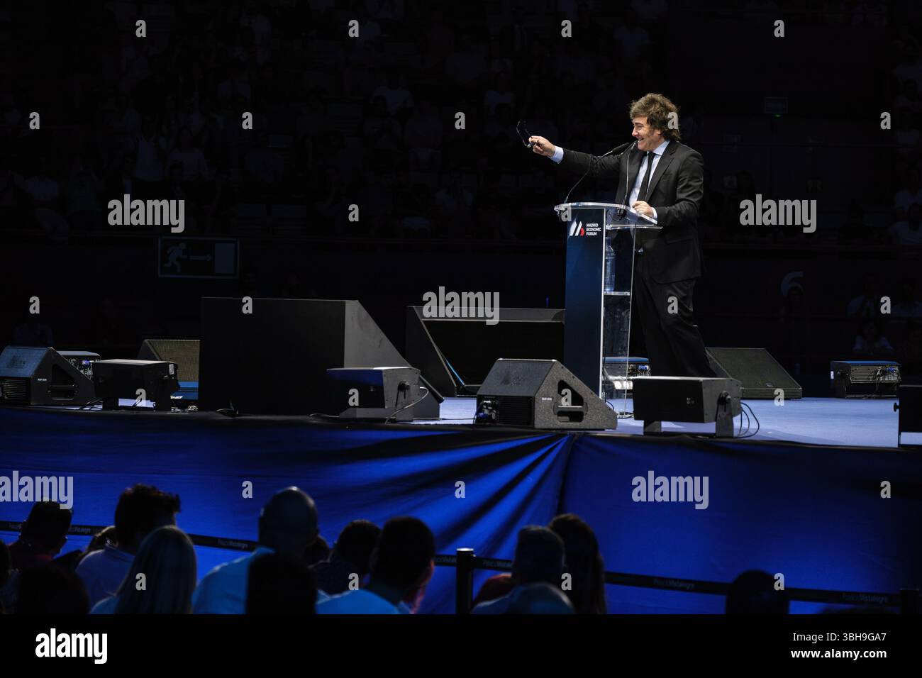 Le président de l'Argentine Javier Milei lors de la conférence au Forum économique de Madrid au Palacio de Vista Alegre à Madrid le 8 juin 2025 SP Banque D'Images