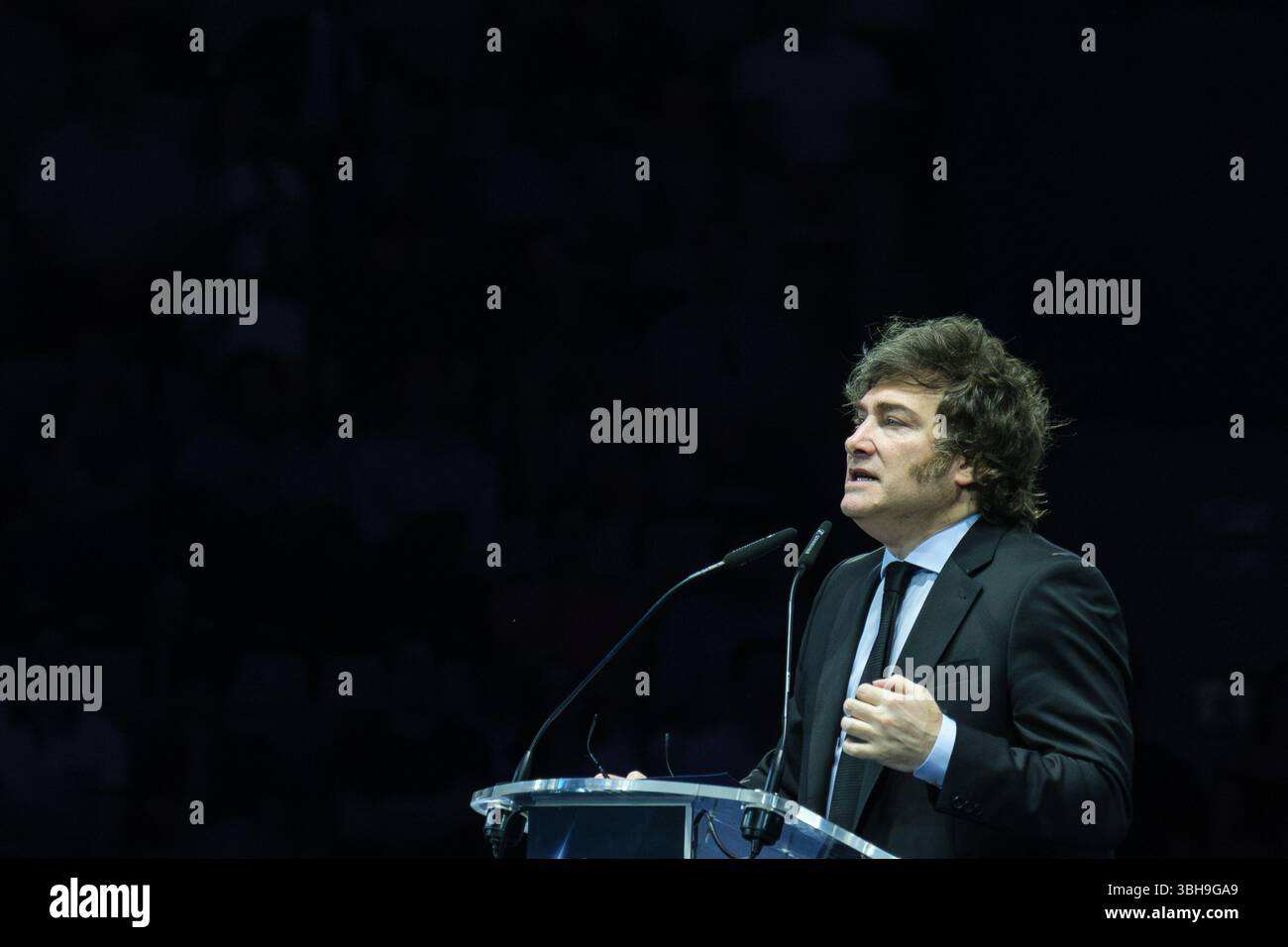 Le président de l'Argentine Javier Milei lors de la conférence au Forum économique de Madrid au Palacio de Vista Alegre à Madrid le 8 juin 2025 SP Banque D'Images