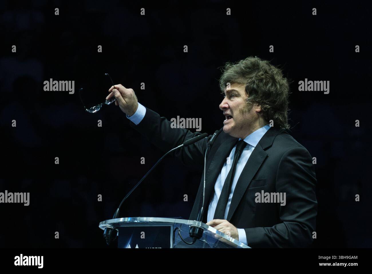 Le président de l'Argentine Javier Milei lors de la conférence au Forum économique de Madrid au Palacio de Vista Alegre à Madrid le 8 juin 2025 SP Banque D'Images
