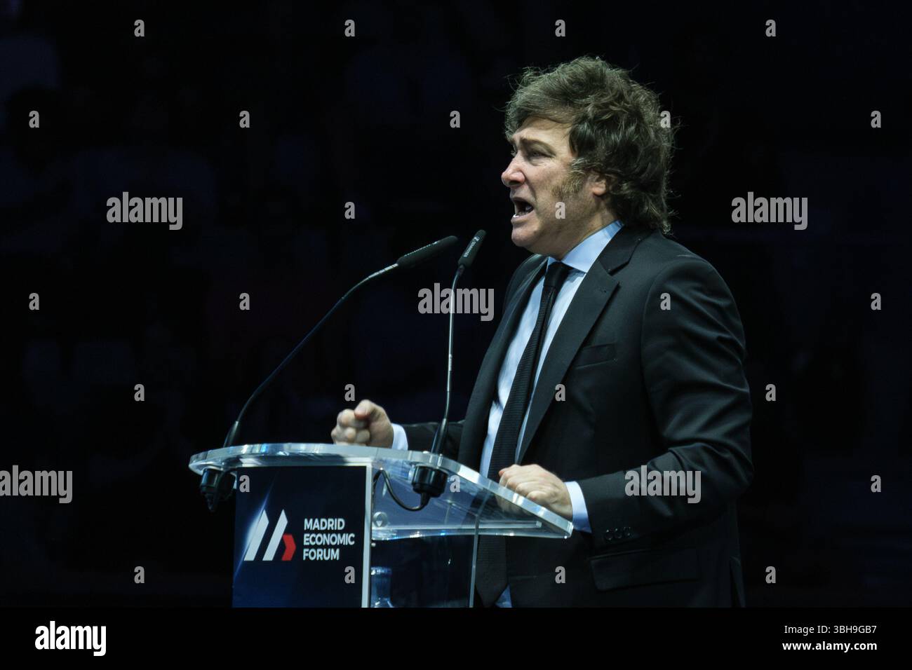 Le président de l'Argentine Javier Milei lors de la conférence au Forum économique de Madrid au Palacio de Vista Alegre à Madrid le 8 juin 2025 SP Banque D'Images