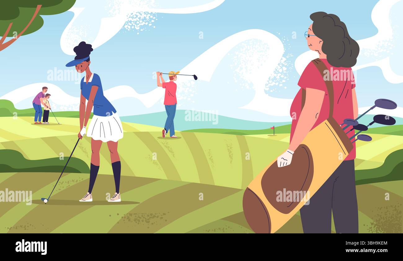 Les gens sur le terrain de golf. Golfeur jouer putt stick frappé balle de golf club parcours paysage herbe d'été fond d'herbe, homme avec sac de panier joueur professionnel bannière Classy illustration vectorielle illustration originale Illustration de Vecteur