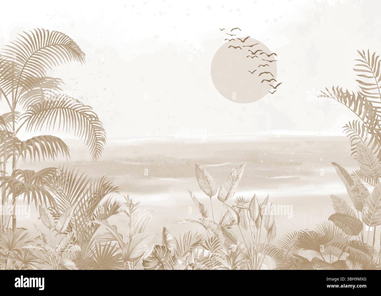 Décor tropical vieilli : forêt de palmiers bruns délavés, imprimé soleil et eau Banque D'Images