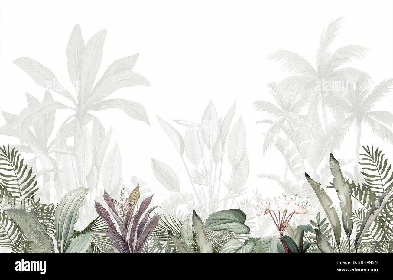 Décor inspiré de la nature : Faded Green Jungle Leaves Seamless Pattern Print Banque D'Images