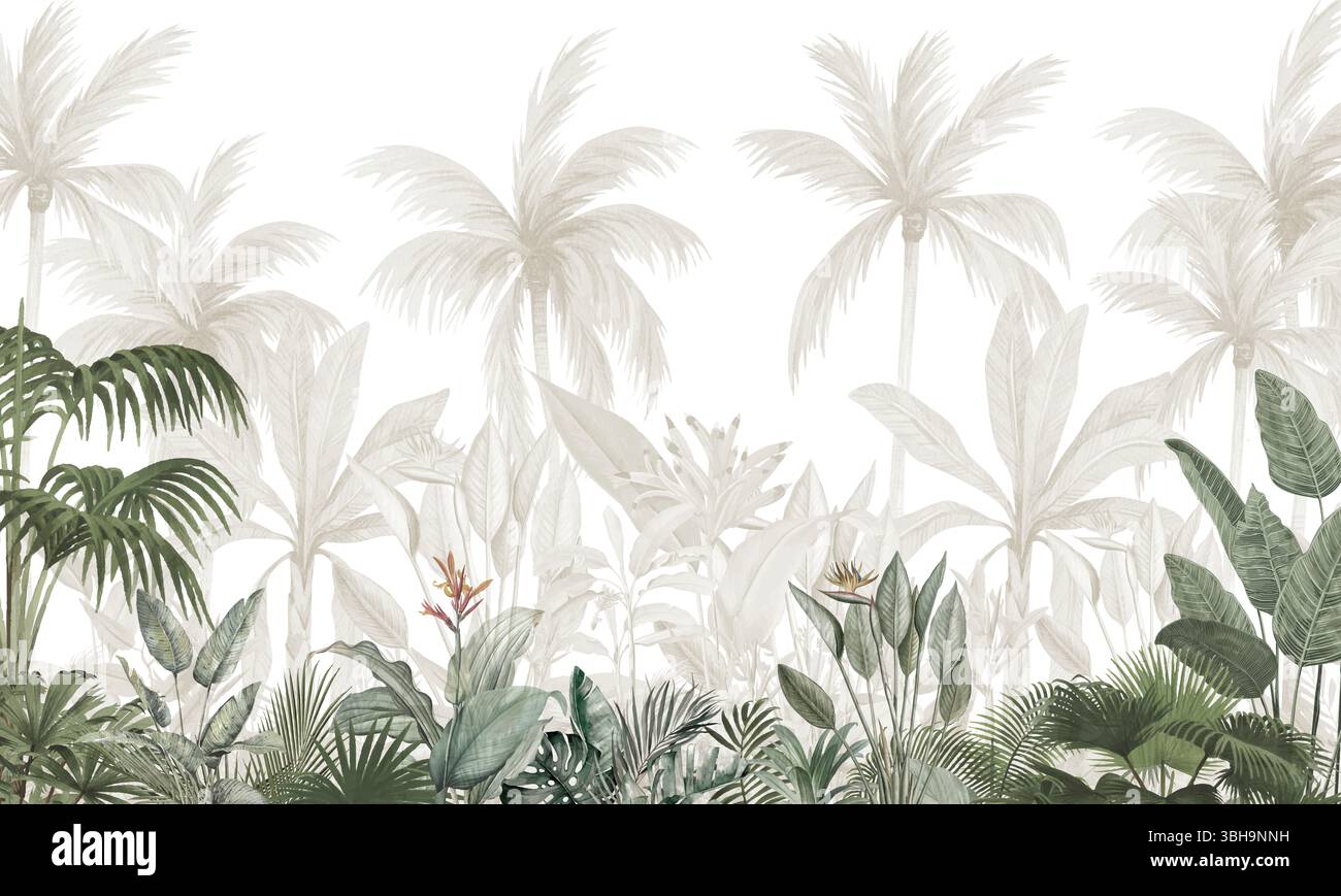 Fond d'écran paysage tropical vert subtil : palmiers muets et feuillage dense Banque D'Images