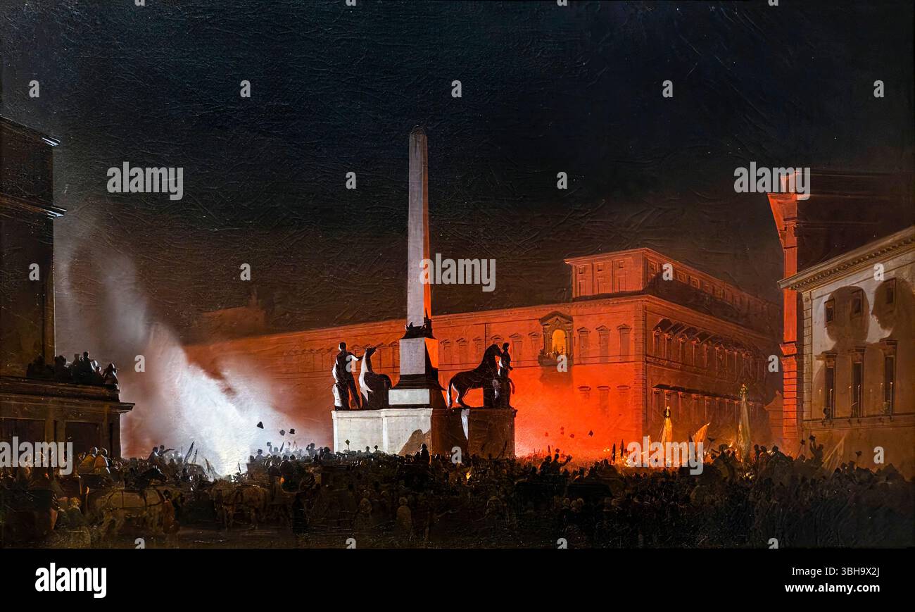 Benedizione di Pio IX dal Quirinale di Notte (bénédiction de Pie IX du Quirinal la nuit) 1848 peinture de l'artiste italien Ippolito Caffi (1809-1866) montrant le pape Pie IX donnant une bénédiction nocturne depuis le balcon du palais du Quirinal à une foule jubilante à Rome, illuminée par des torches et des feux de joie dans la nuit du 10 février 1848. Photographie tirée d'une huile sur toile originale de 1848 (30 x 44 cm). Crédit : Museo Civico, Treviso / AF Fotografie Banque D'Images