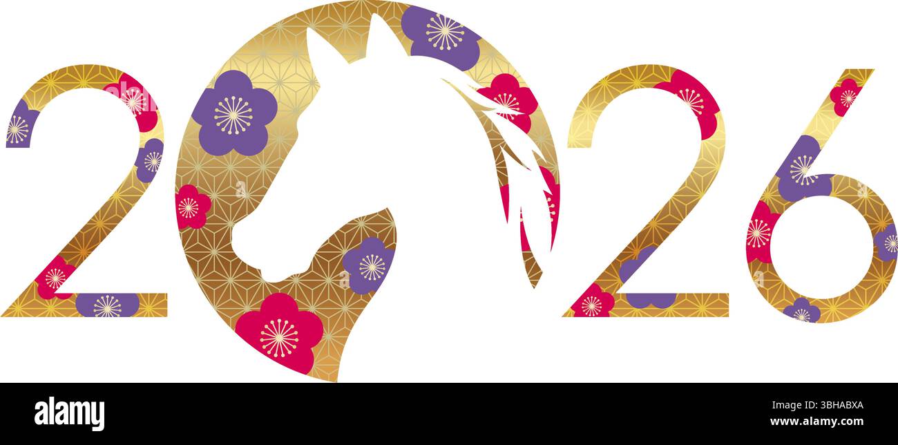 L’année 2026, année du cheval, symbole de voeux du nouvel an décoré de motifs vintage japonais. Illustration vectorielle. Illustration de Vecteur