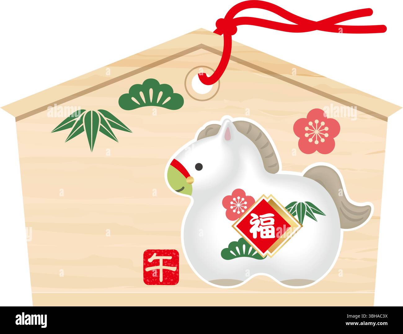 Tablet photo votive japonaise avec la mascotte Year of the Horse Cute pour les visites du nouvel an aux sanctuaires. Illustration vectorielle. Illustration de Vecteur