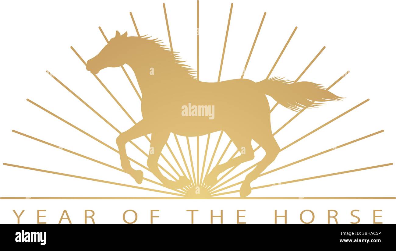 L'année du cheval symbole du zodiaque chinois avec Un cheval galopant et lever du soleil isolé sur Un fond blanc. Illustration vectorielle. Illustration de Vecteur