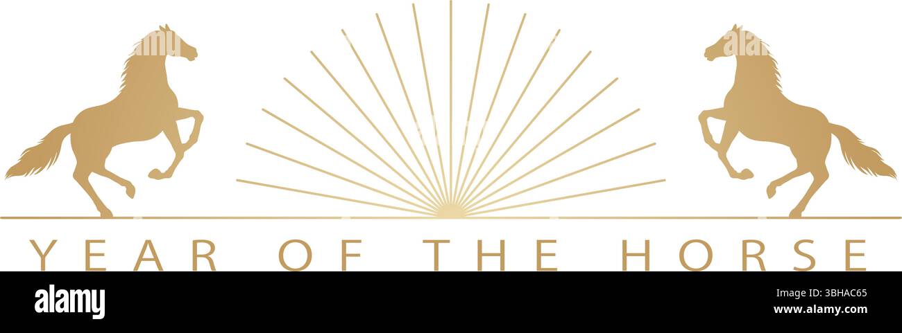 L'année du cheval symbole du zodiaque chinois avec Un cheval galopant et lever du soleil isolé sur Un fond blanc. Illustration vectorielle. Illustration de Vecteur