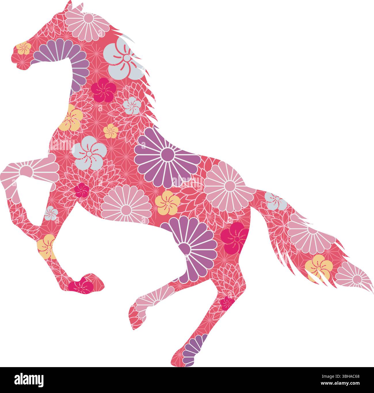 L'année du cheval vecteur symbole du zodiaque décoré de motifs vintage japonais isolés sur Un fond blanc. Illustration de Vecteur